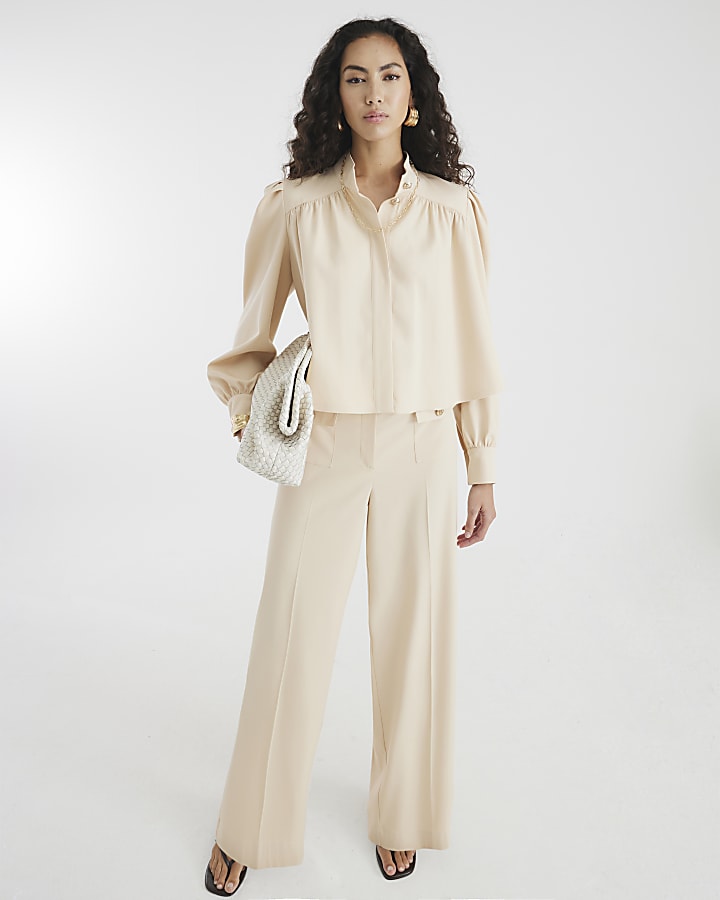 Petite Beige Button Front Straight Trousers