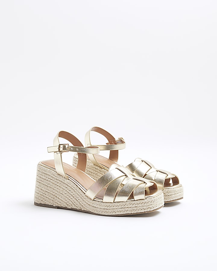 Gold Wide Fit Woven Wedge Sandals