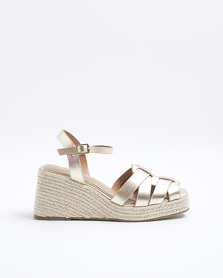 Gold Wide Fit Woven Wedge Sandals