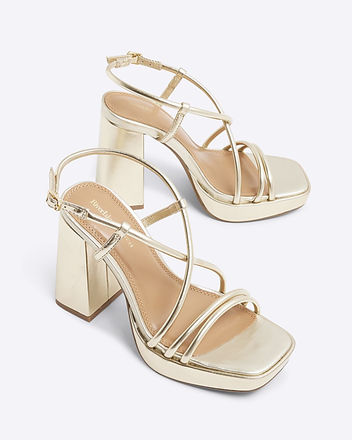 Gold Strappy Platform Block Heel Sandals