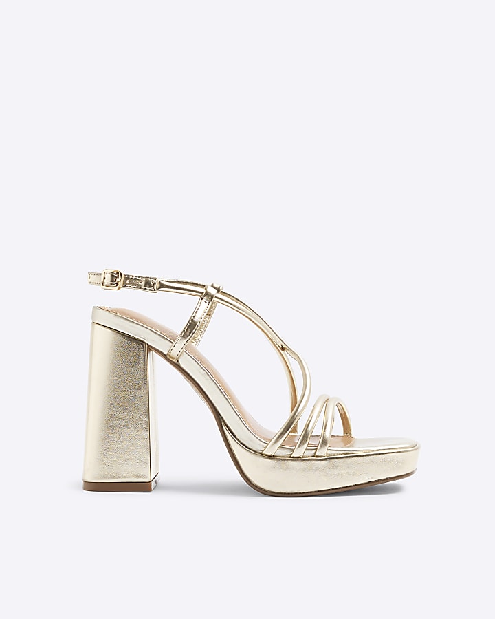 Gold Strappy Platform Block Heel Sandals