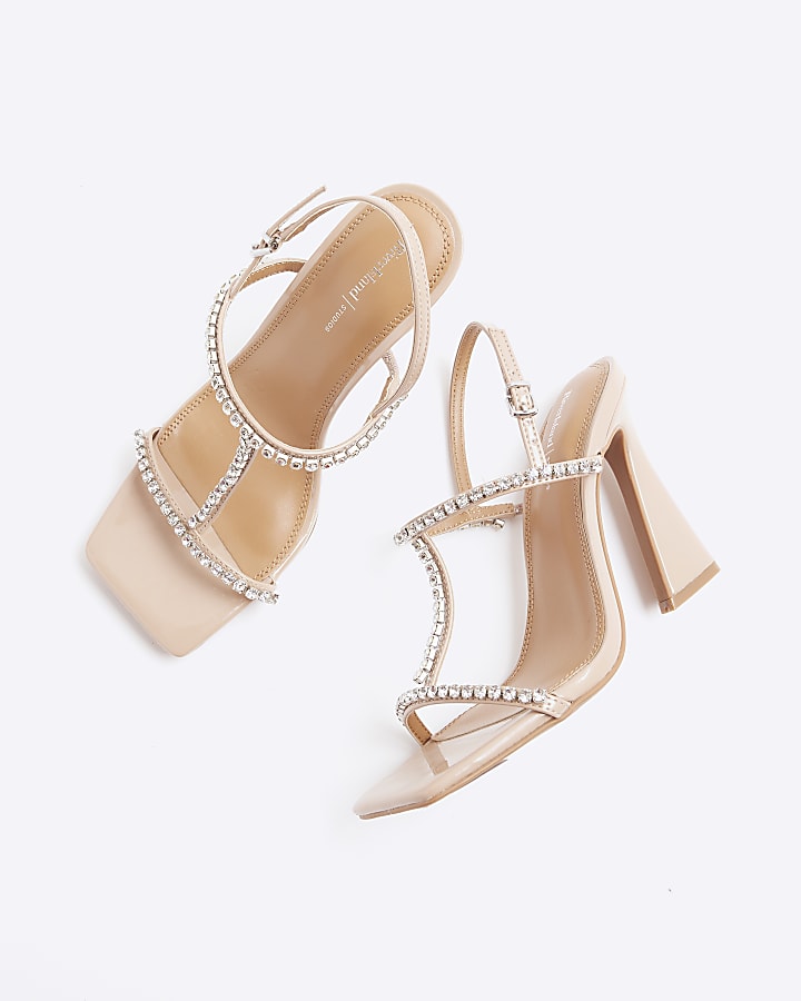 Pink Wide Fit Diamante T Bar Heeled Sandals