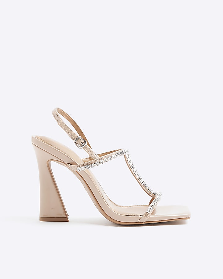 Pink Wide Fit Diamante T Bar Heeled Sandals