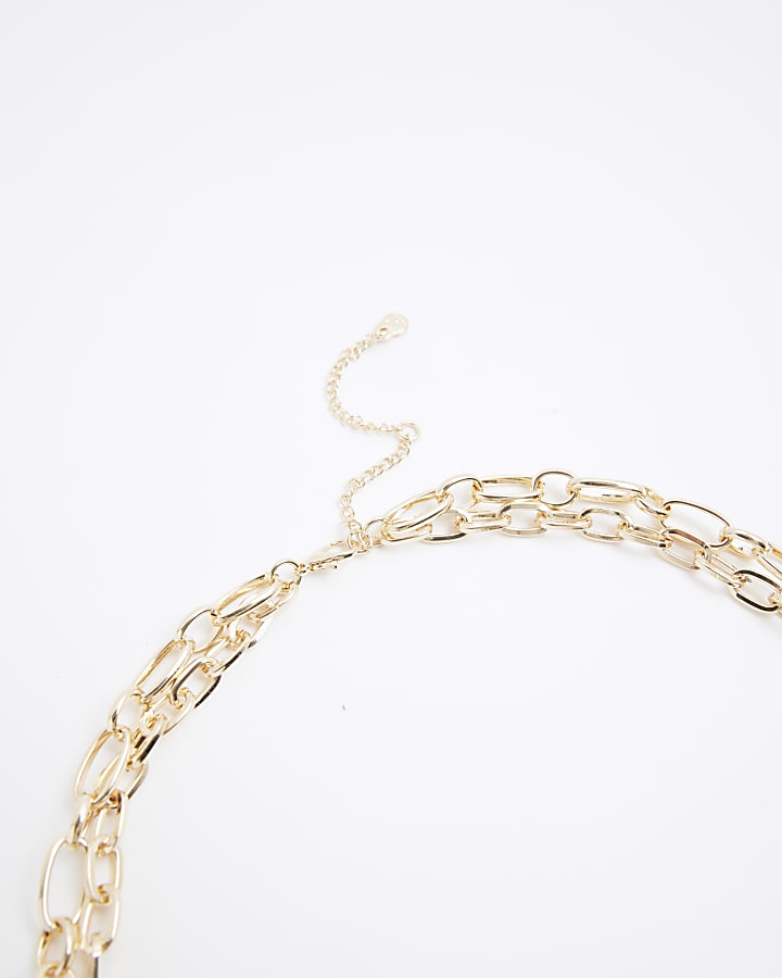 Gold 2 Row Heart Charm Chain Necklace