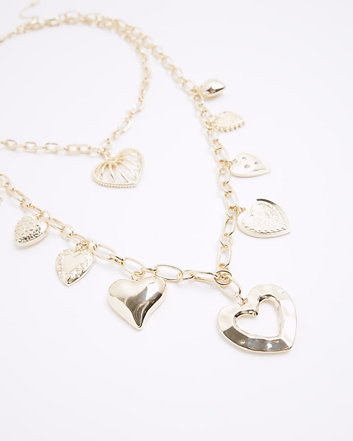 Gold 2 Row Heart Charm Chain Necklace