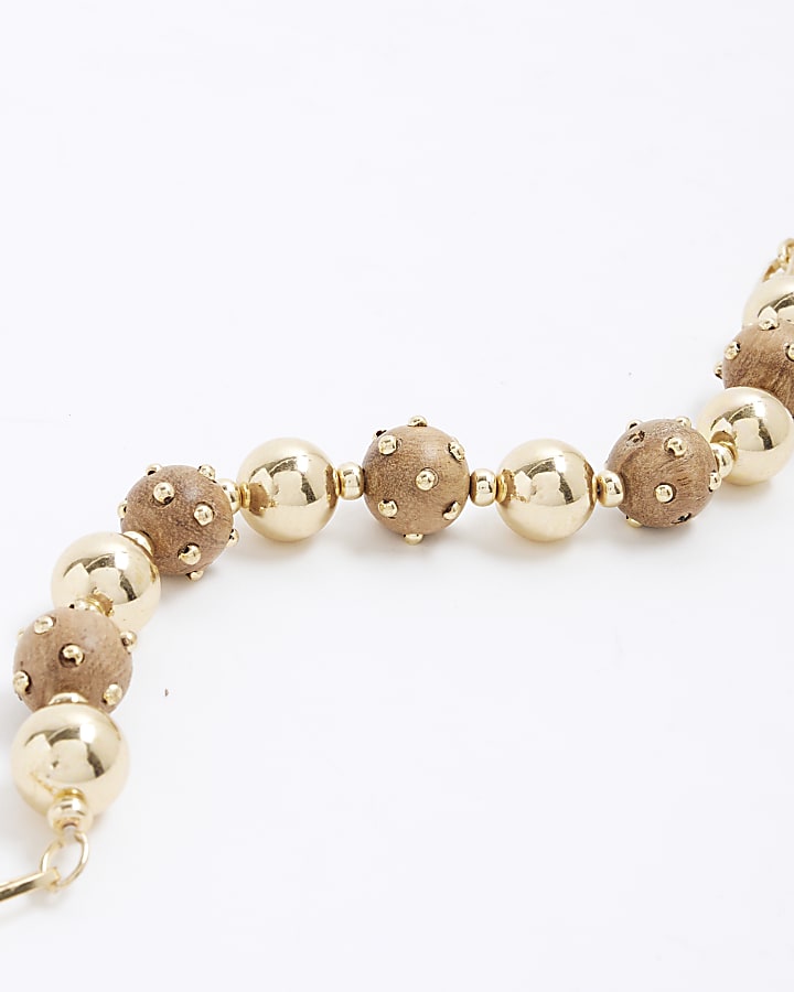 Brown Wooden Bead And Ball Collar Necklace