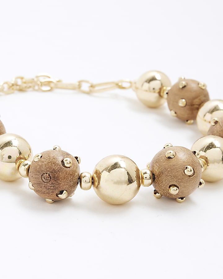 Brown Wooden Bead And Ball Collar Necklace