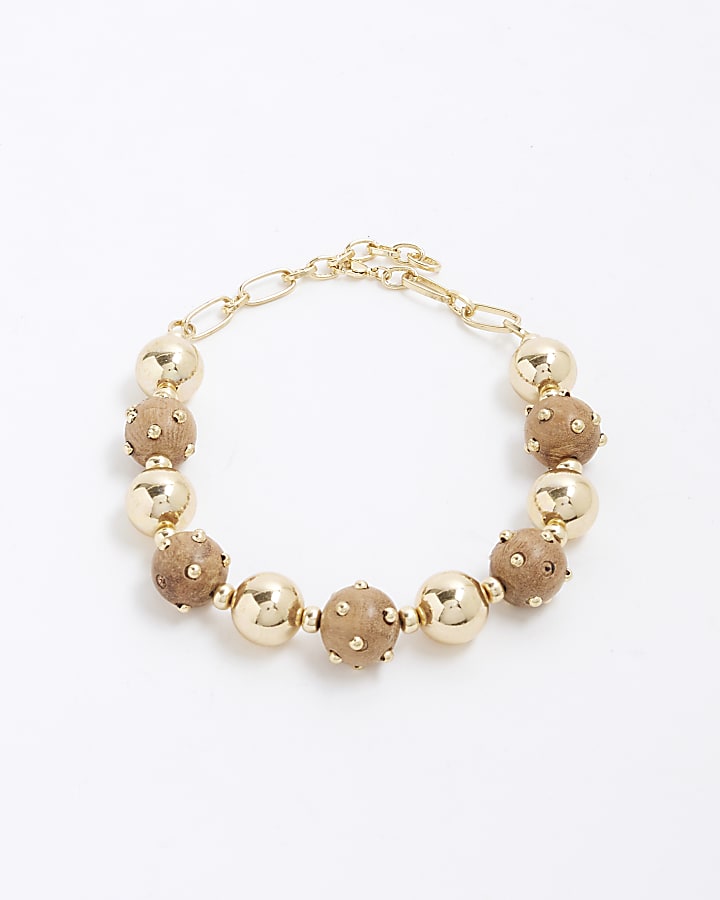 Brown Wooden Bead And Ball Collar Necklace