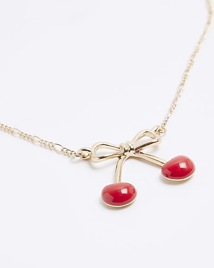 Red Cherry Bow Ditsy Necklace