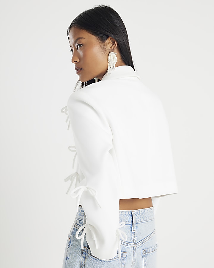 Petite White Bow Detail Cropped Blazer