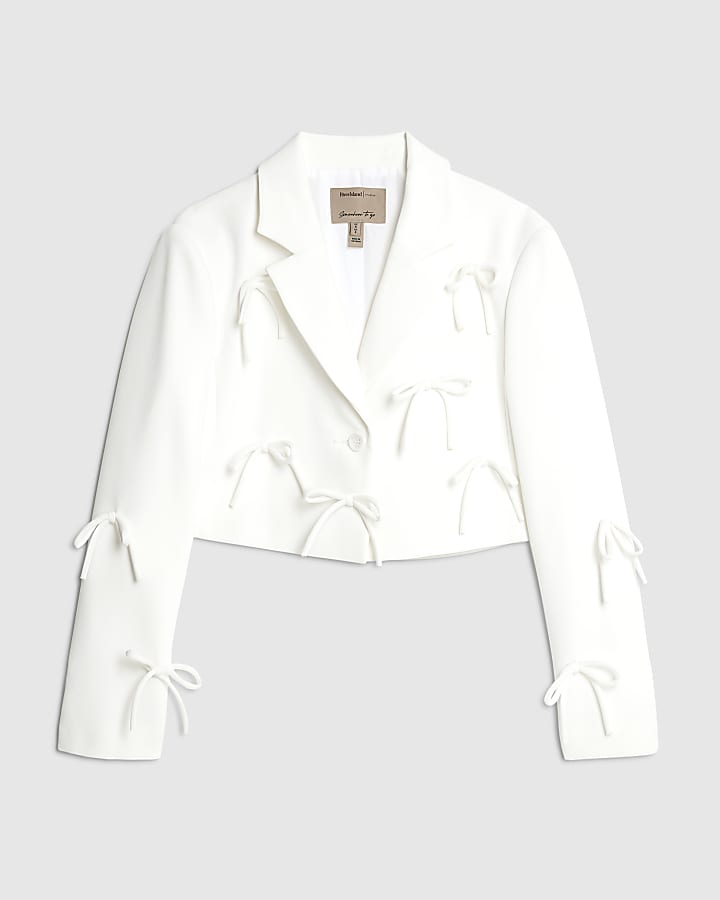 Petite White Bow Detail Cropped Blazer