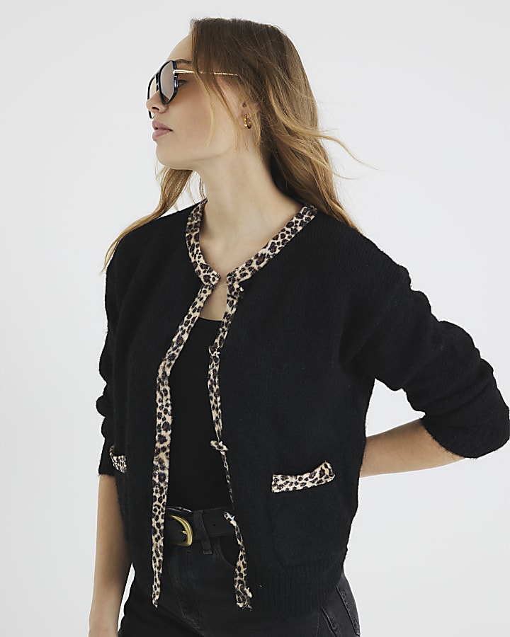 Black Leopard Trim Cardigan