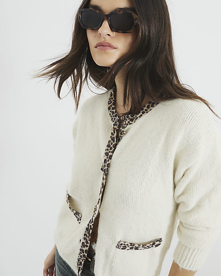 Cream Leopard Trim Cardigan