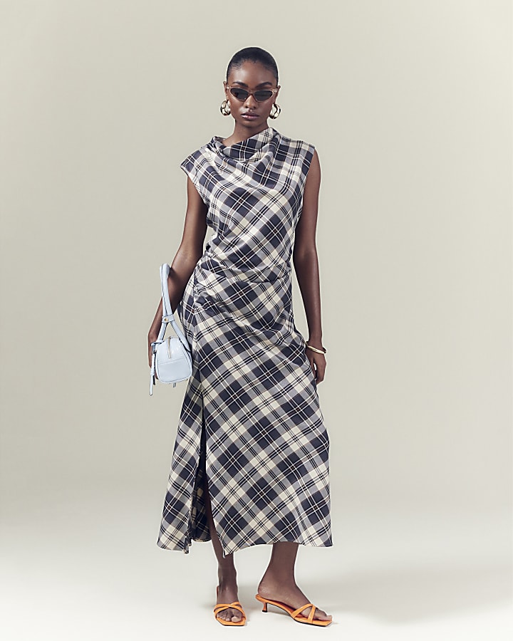 Grey Check Cowl Neck Midaxi Dress