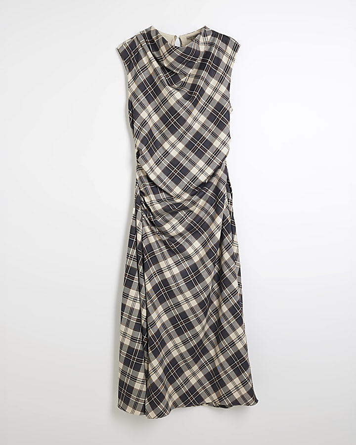 Brown Check Cowl Neck Midi Dress