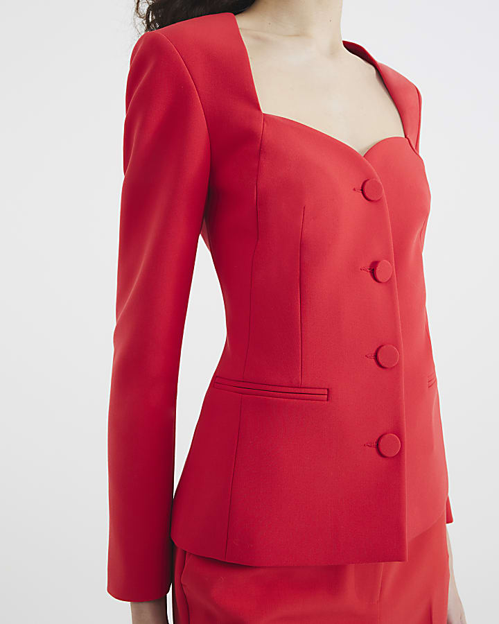 Red Sweetheart Neckline Blazer