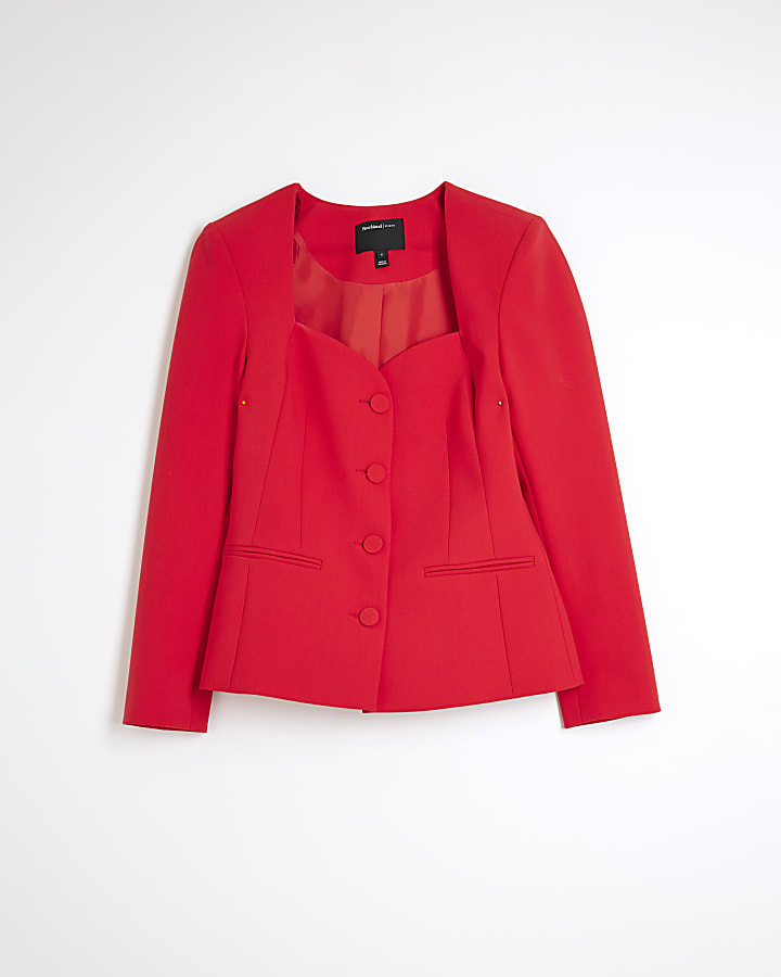 Red Sweetheart Neckline Blazer