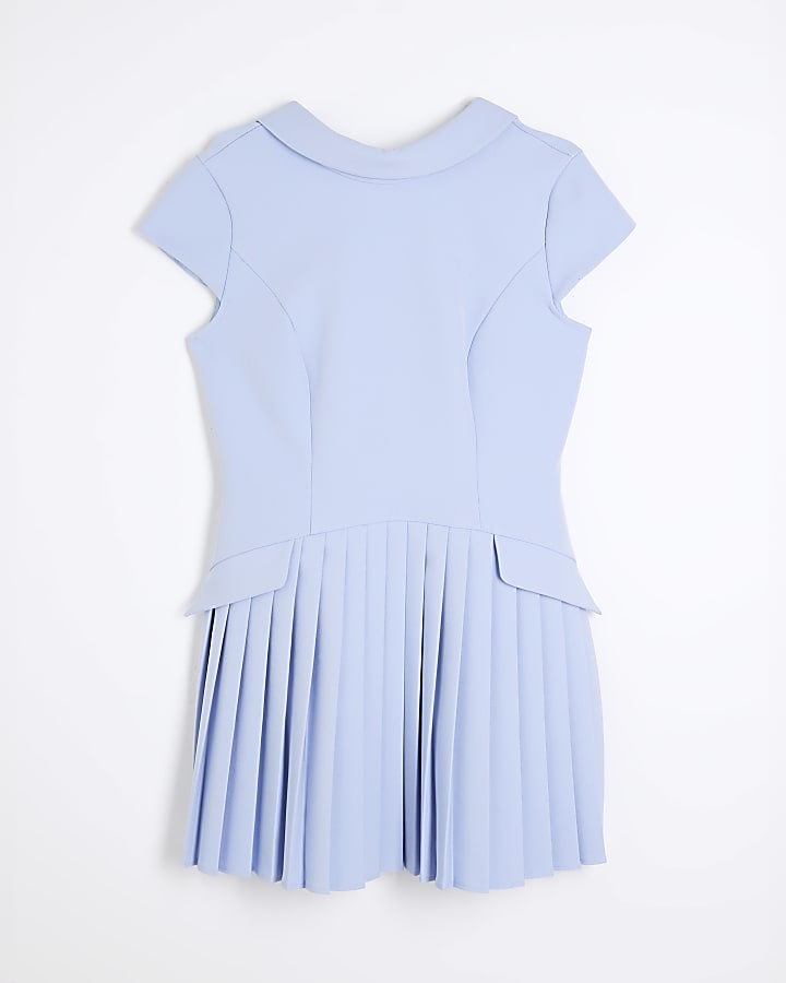 Blue High Neck Pleated Mini Dress