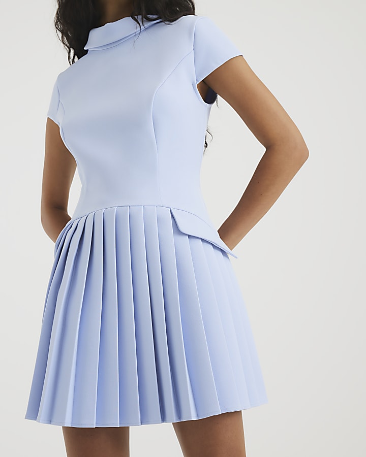 Blue High Neck Pleated Mini Dress