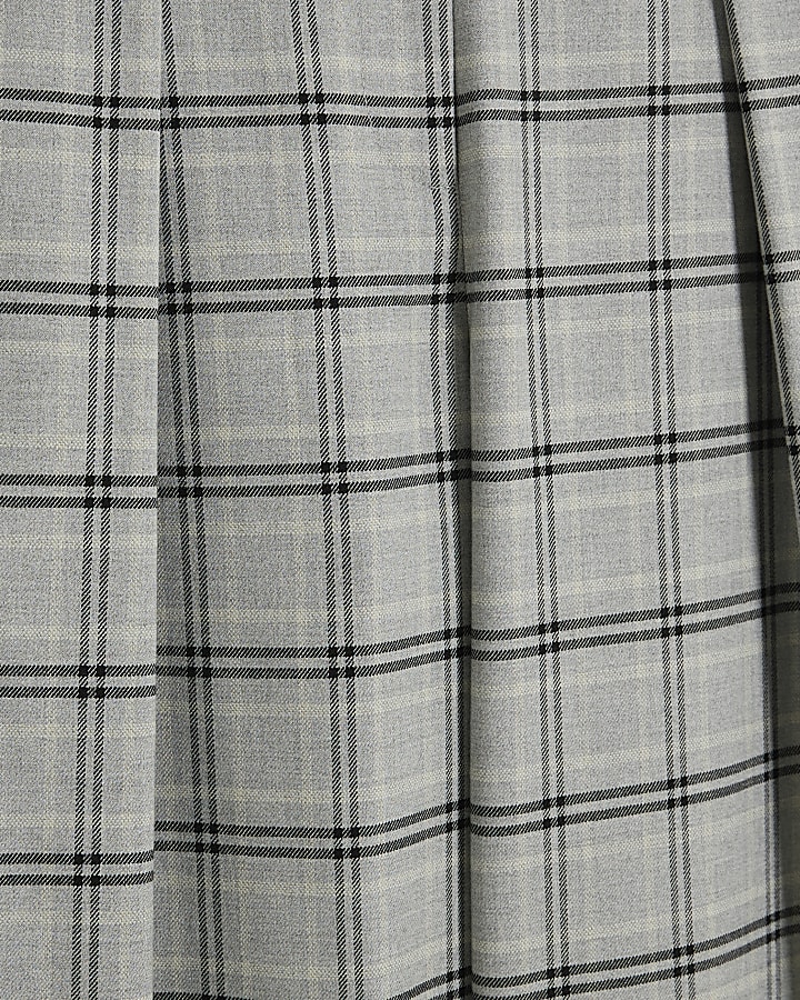 Grey Wide Leg Pleated Check Trousers