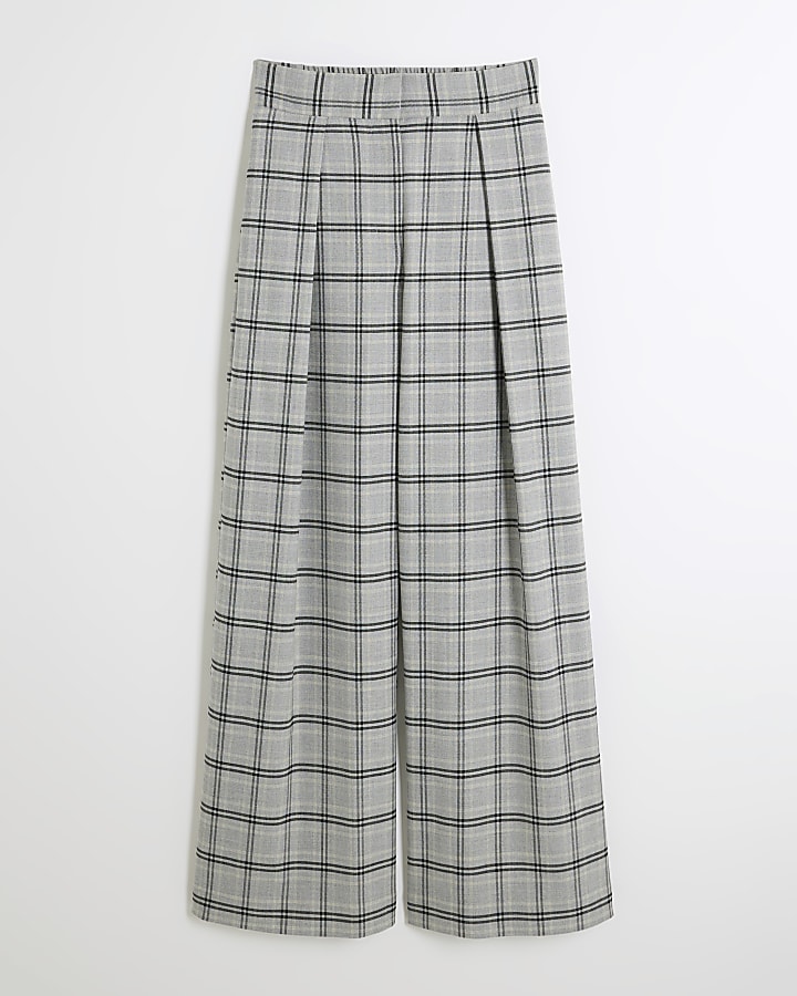 Grey Wide Leg Pleated Check Trousers