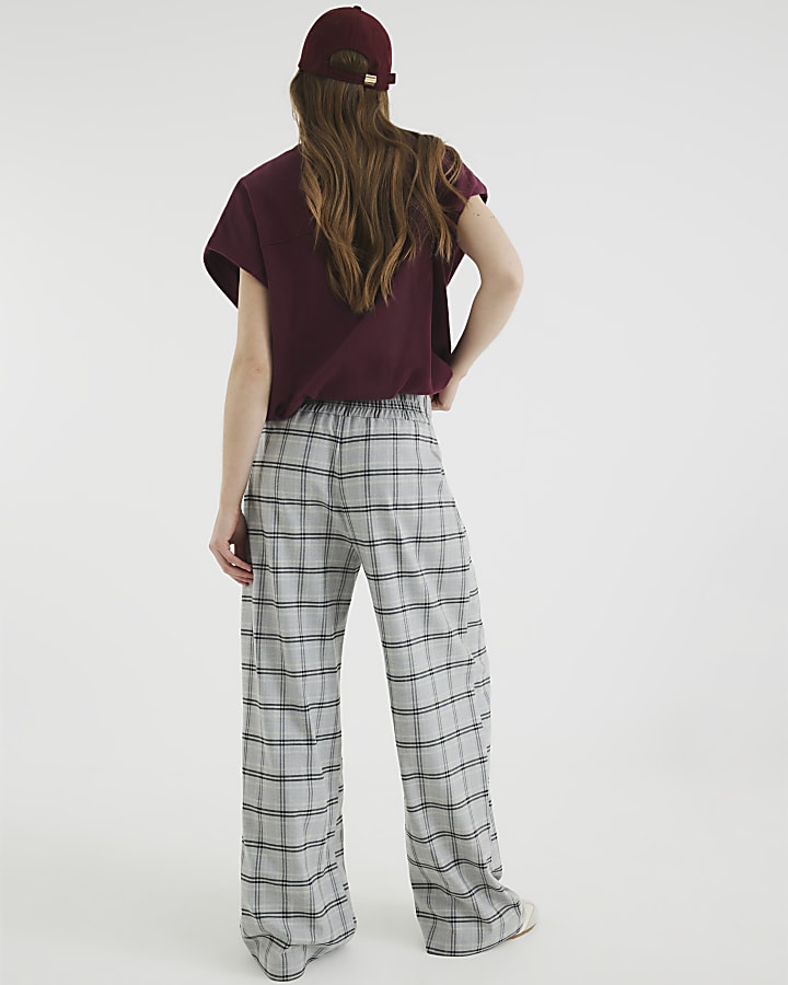 Grey Wide Leg Pleated Check Trousers