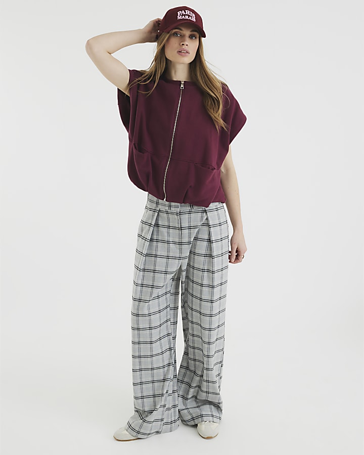 Grey Wide Leg Pleated Check Trousers