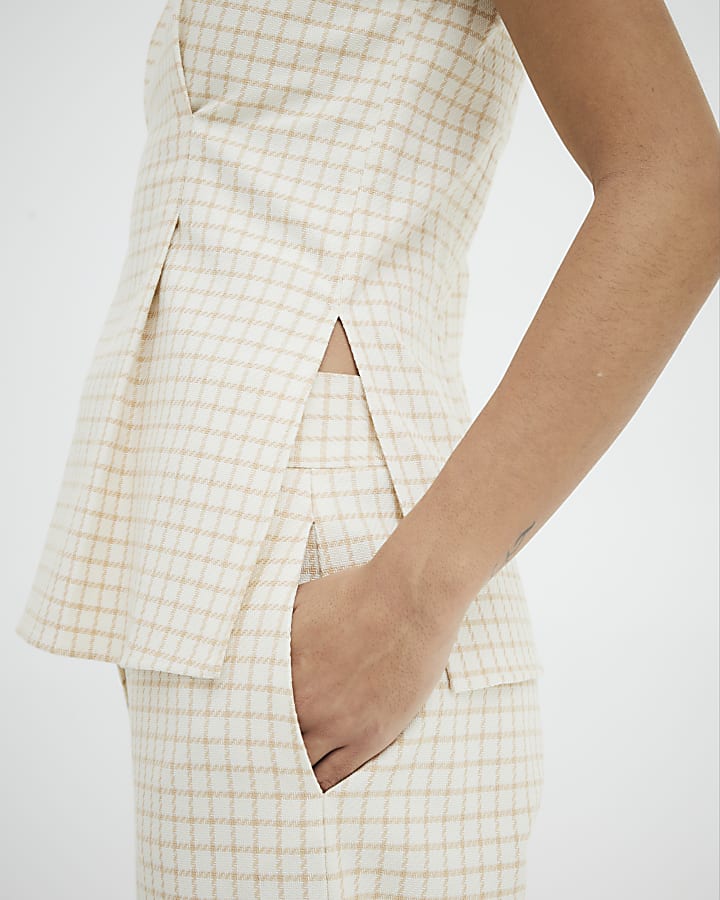 Cream Checked Wide Leg Cropped Trousers