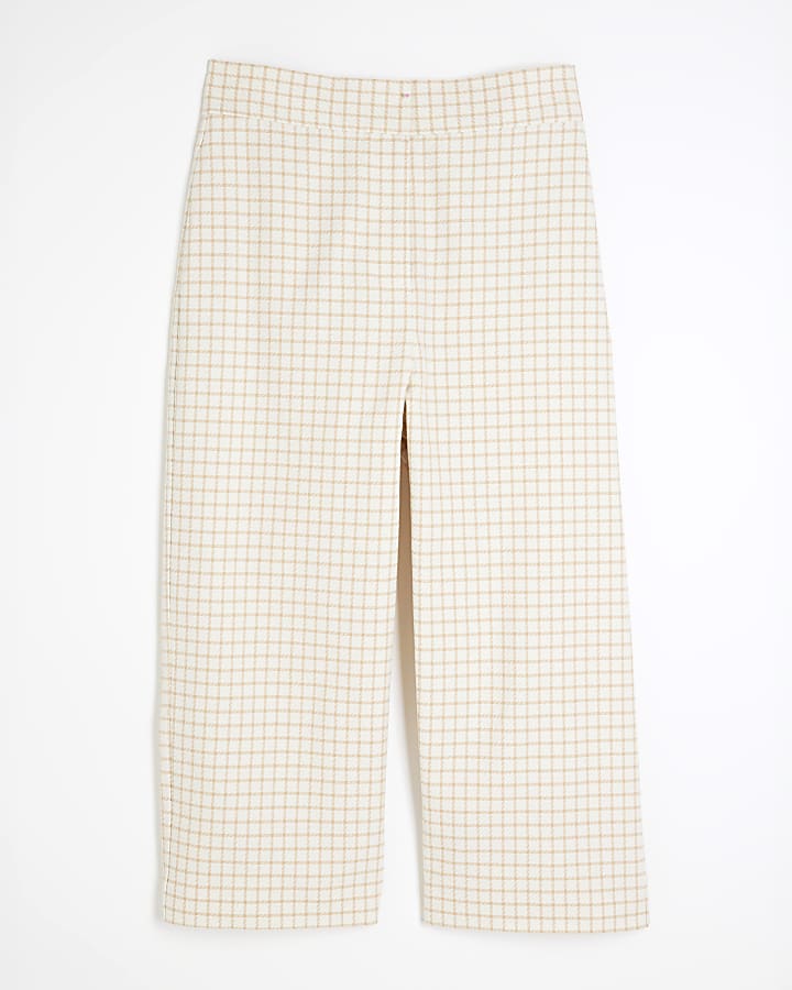 Cream Checked Wide Leg Cropped Trousers