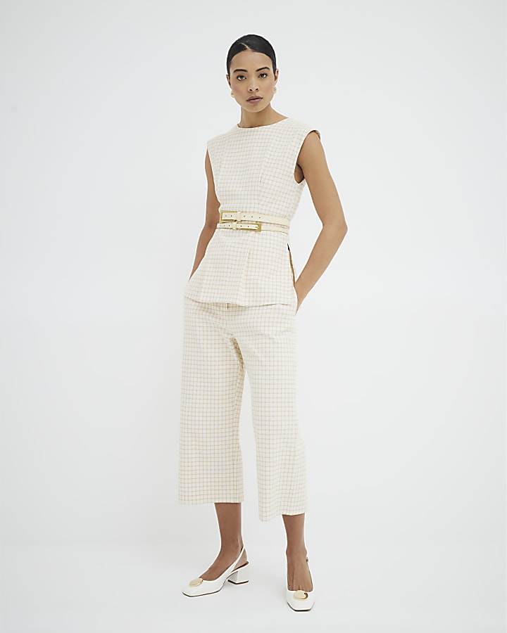 Cream Checked Wide Leg Cropped Trousers