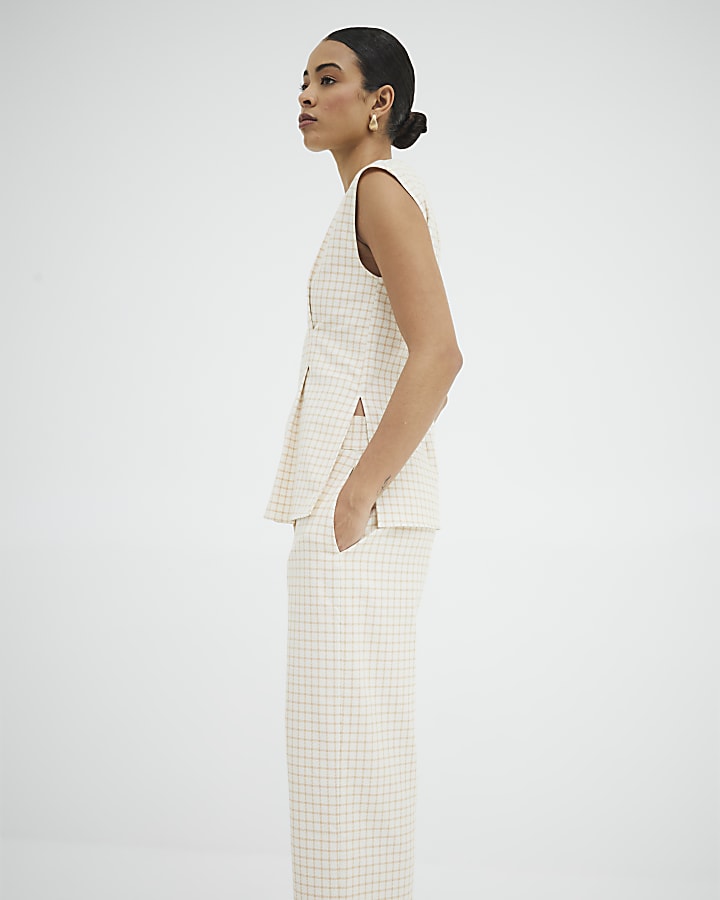 Cream Checked Wide Leg Cropped Trousers