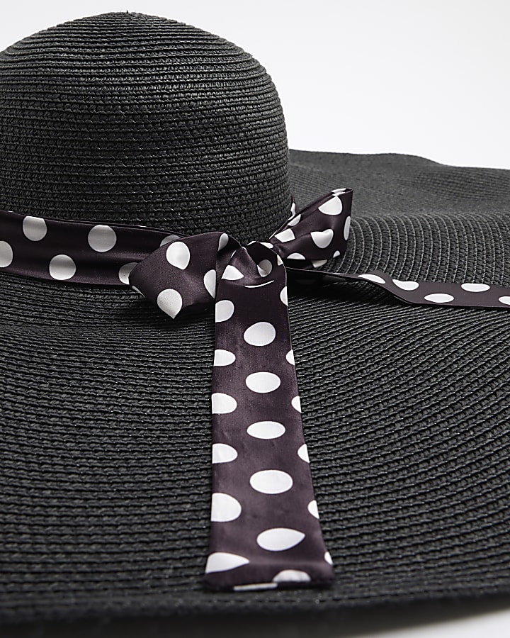 Black Spot Ribbon Oversized Floaty Straw Hat