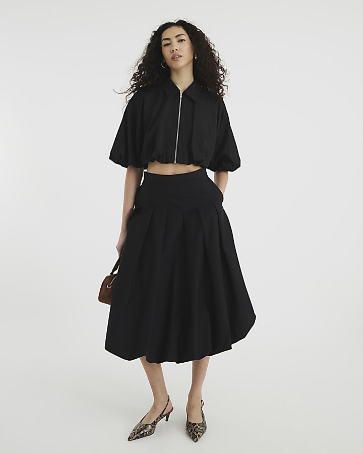 Black Midi Bubble Hem Skirt