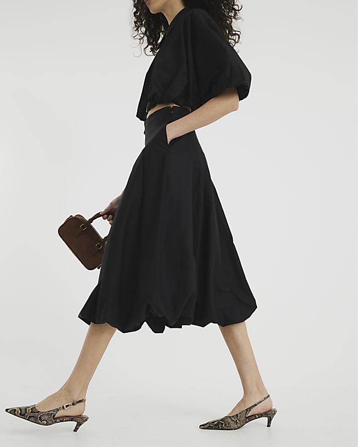 Black Midi Bubble Hem Skirt