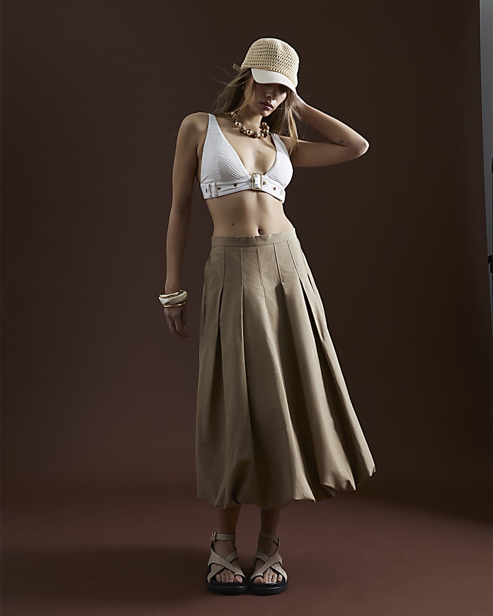 Beige Bubble Hem Midi Skirt