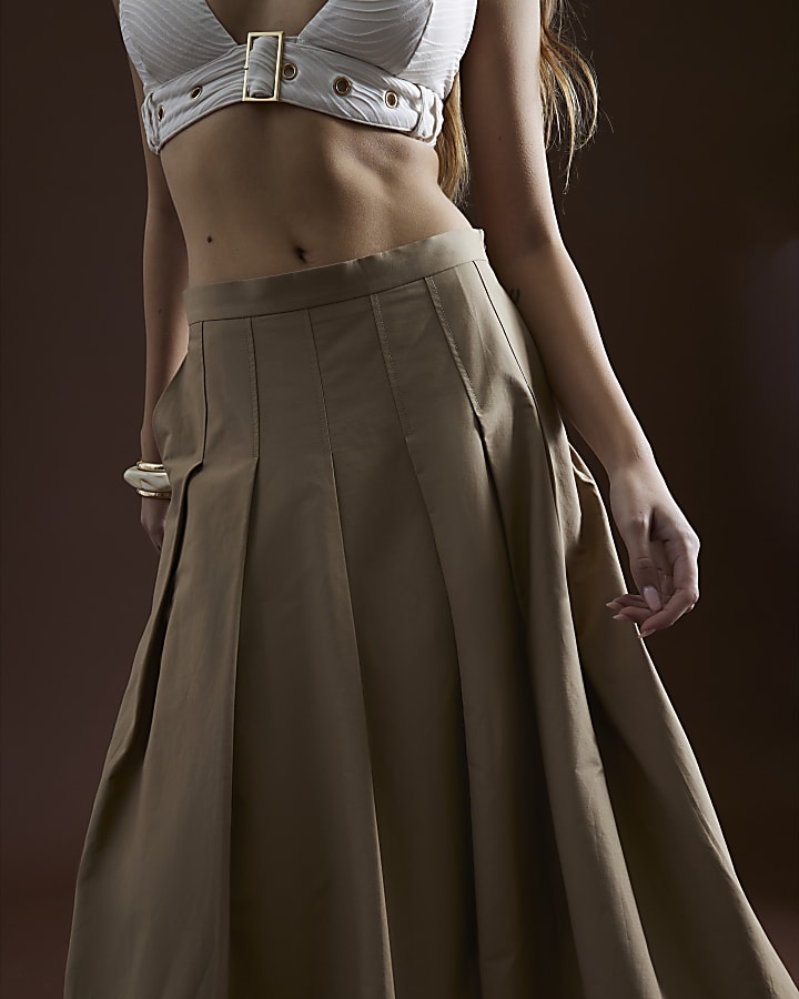 Beige Bubble Hem Midi Skirt