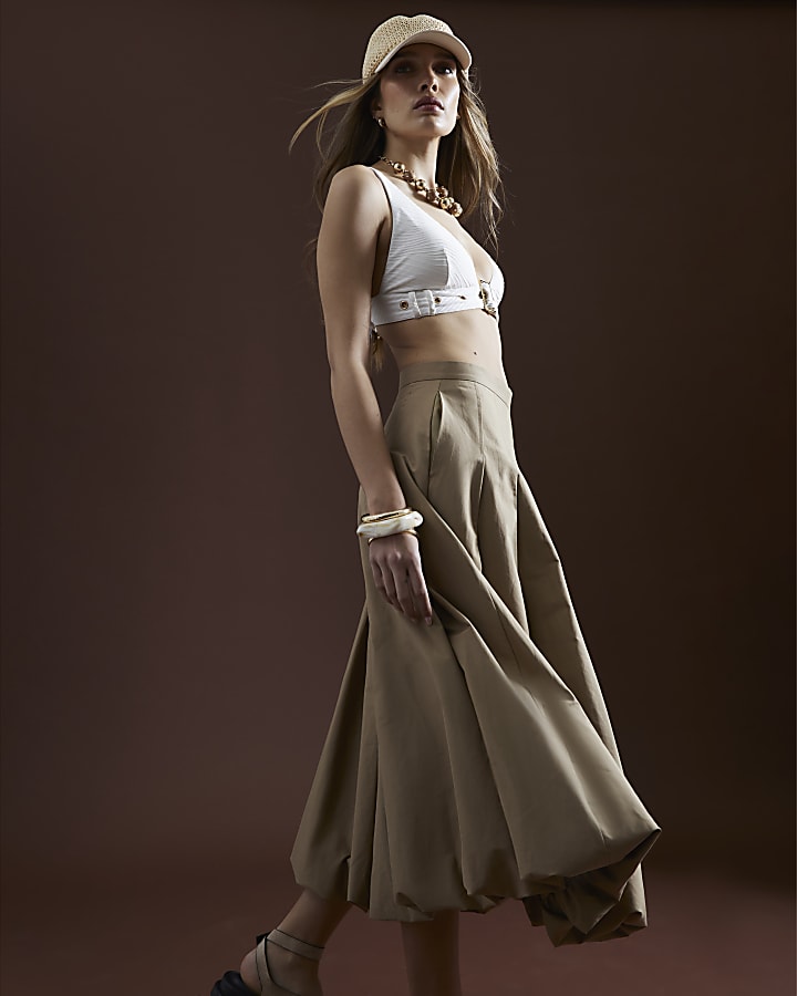 Beige Bubble Hem Midi Skirt