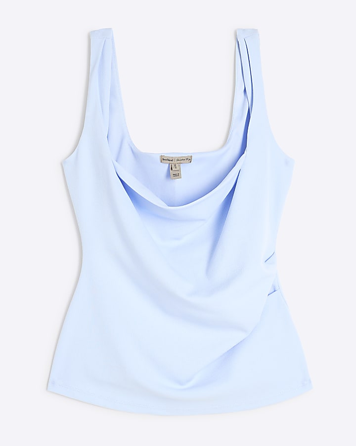 Blue Sleeveless Cowl Neck Top