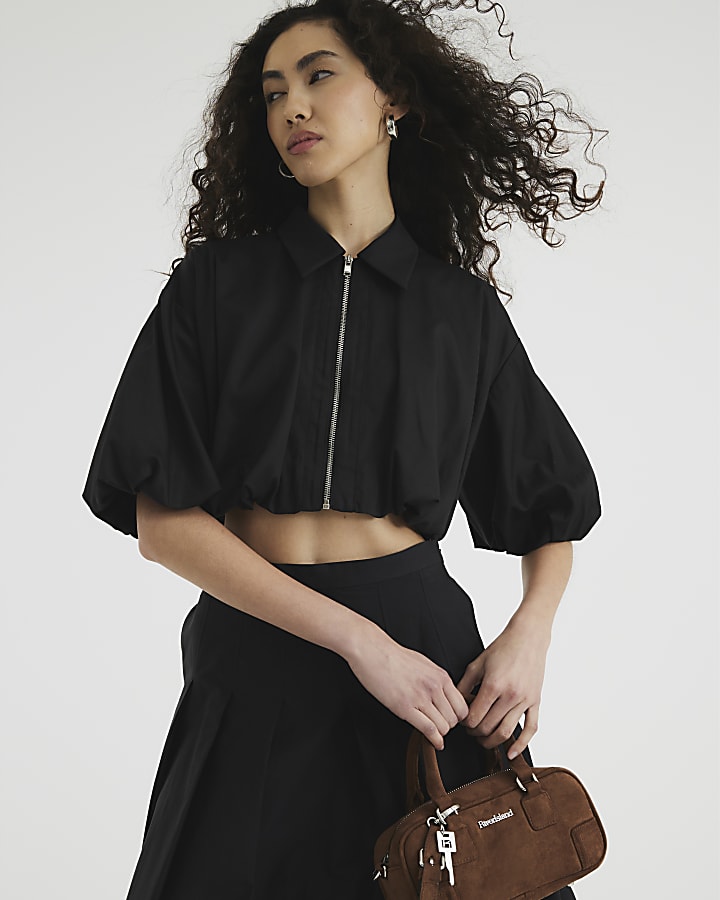 Black Zip Front bubble Hem Cropped Shirt