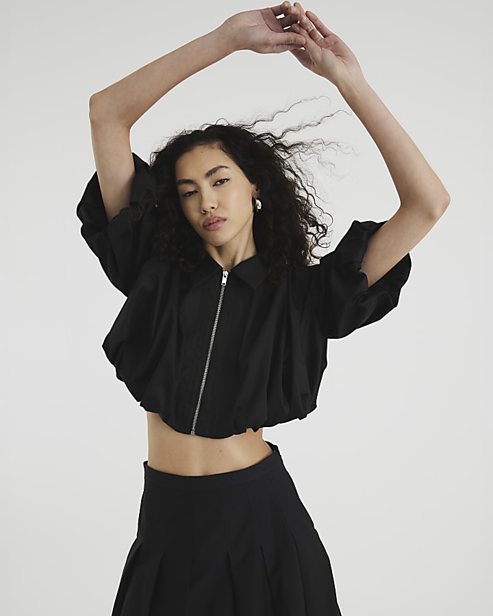 Black Zip Front bubble Hem Cropped Shirt