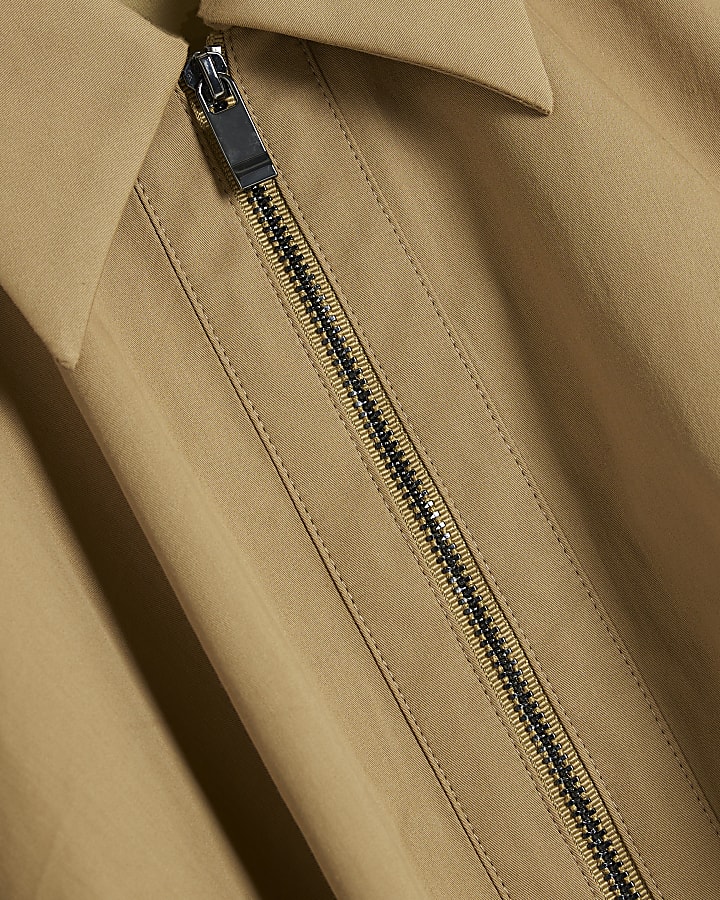 Beige Zip Front Bubble Hem Crop Shirt