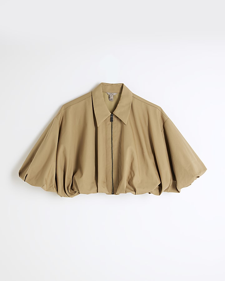 Beige Zip Front Bubble Hem Crop Shirt