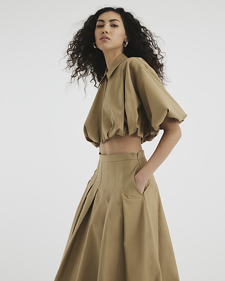 Beige Zip Front Bubble Hem Crop Shirt