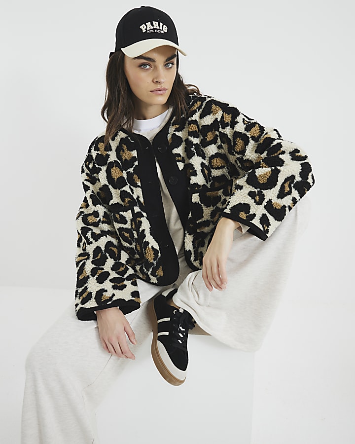 Beige Borg Leopard Trim Jacket