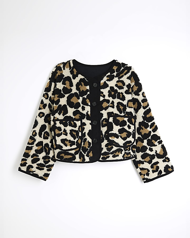 Beige Borg Leopard Trim Jacket
