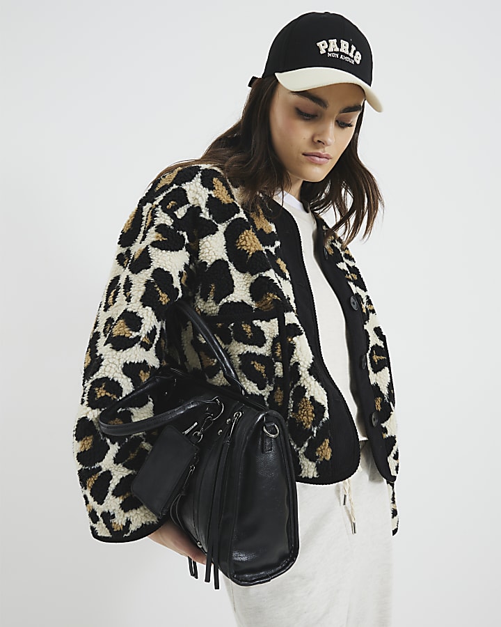 Beige Borg Leopard Trim Jacket