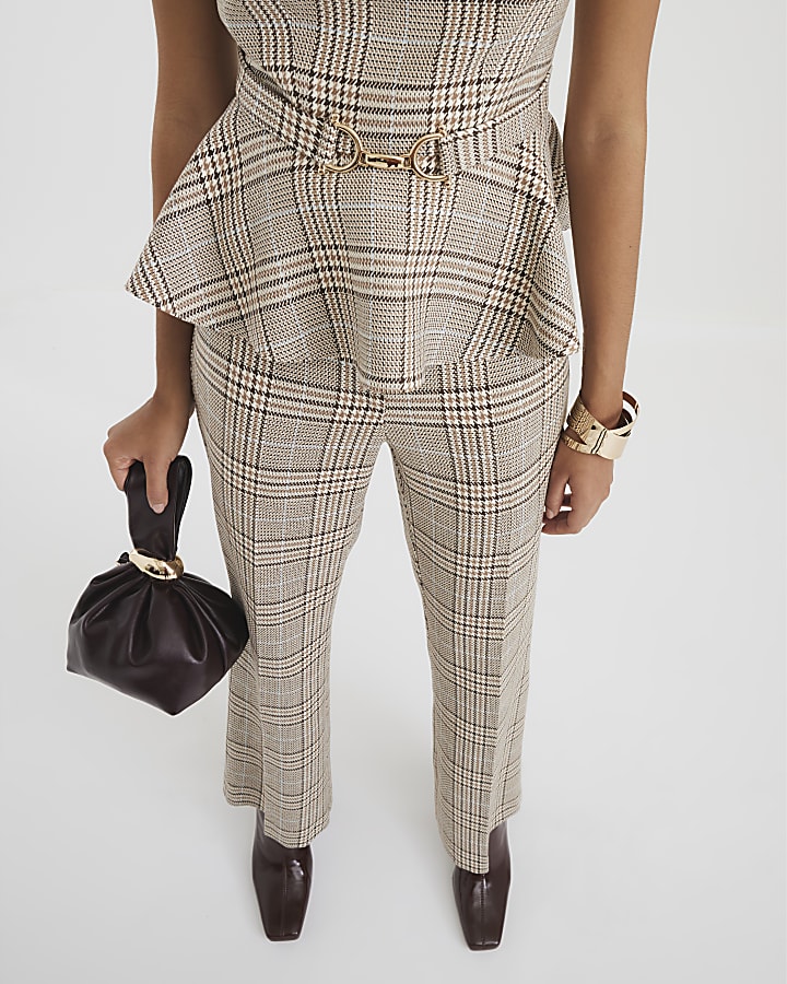 Brown Check Flared Trousers