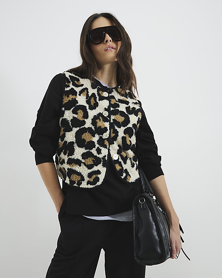 Beige Borg Leopard Trim Gilet