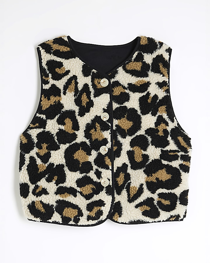 Beige Borg Leopard Trim Gilet