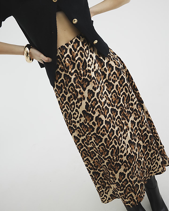 Beige Leopard A-Line Maxi Skirt